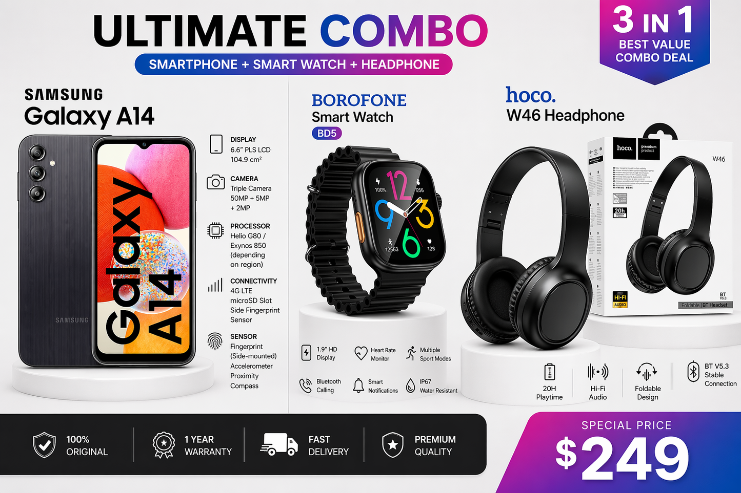 Samsung Galaxy A14 + Headphones + BD14 Smartwatch Bundle
