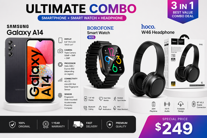 Samsung Galaxy A14 + Headphones + BD14 Smartwatch Bundle