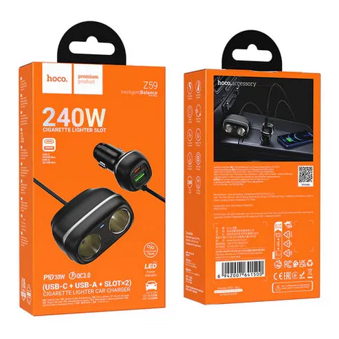 Fast Car Charger w/2  Cigarette Lighter Hub up to 240W (Z59)