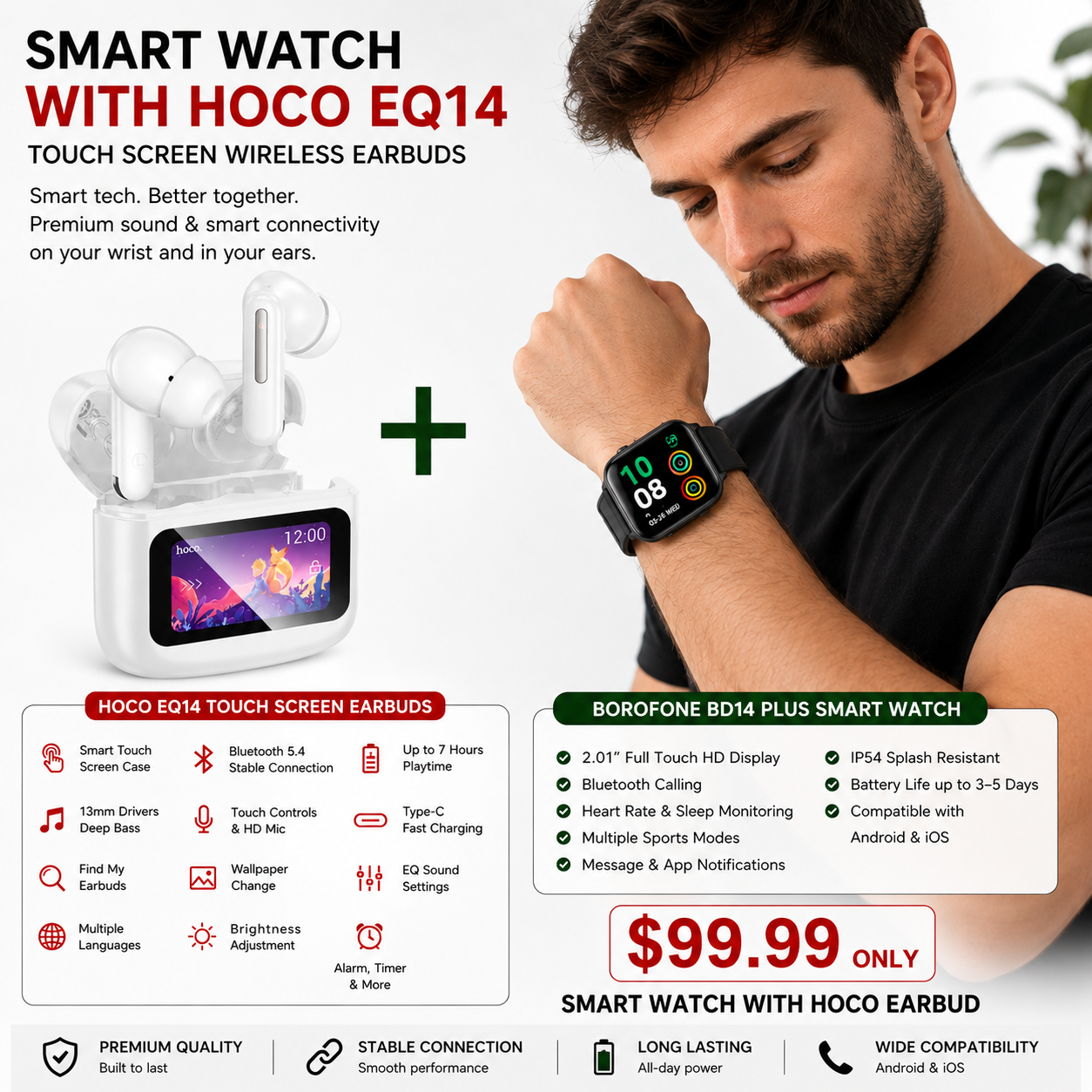 Combo Deal -  Borofone Smart Watch BD14 Plus + Hoco TWS touchscreen headset EQ14