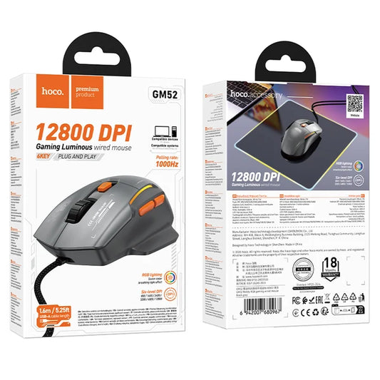 HOCO GM52 Ergonomic 6-Button Wired Gaming Mouse with LED Light, 12800 DPI