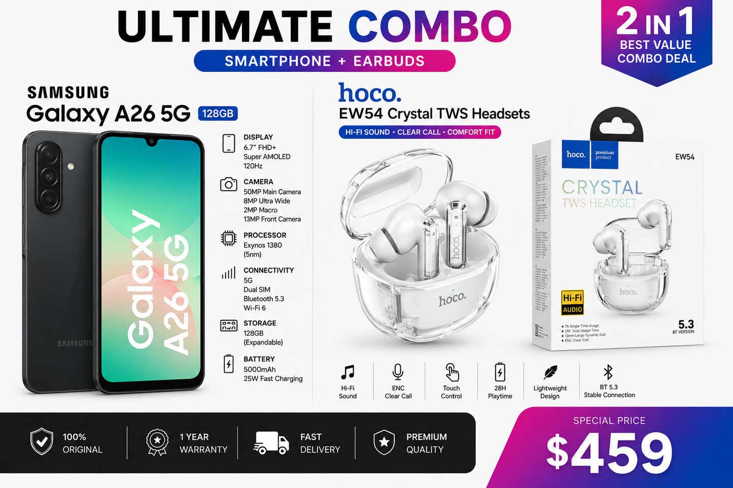 Samsung Galaxy A26 5G 128GB  Black  Brand New + hoco EW54 crystal TWS headset