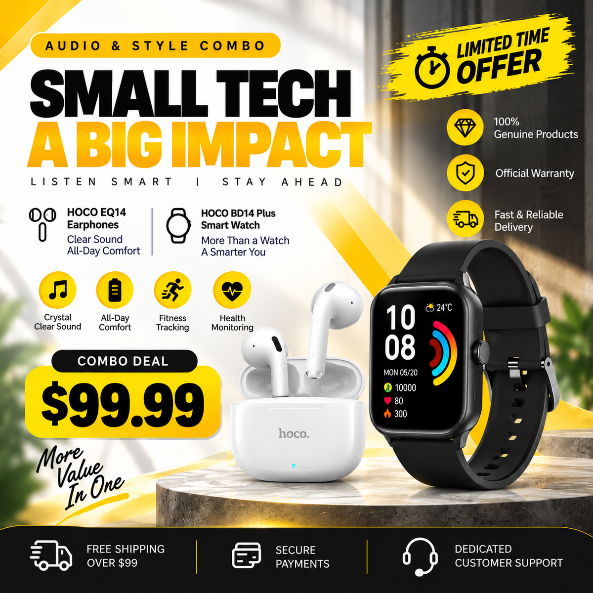 HOCO EQ14 Earphones + BD14 Plus Smart Watch