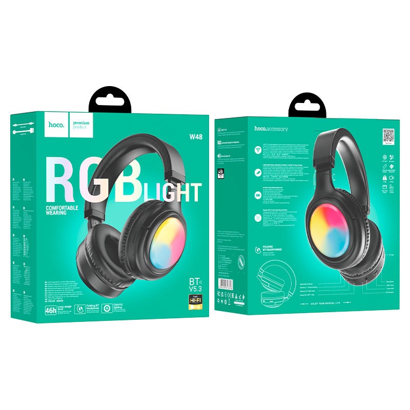 HOCO  RGB Light Wireless Headphones – Black W48  ( Brand New )