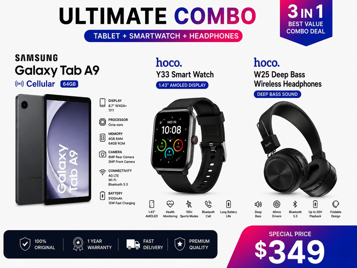 Samsung Galaxy Tab A9  SM- X115 Wifi + Cellular Brand New + Smartwatch + headphones