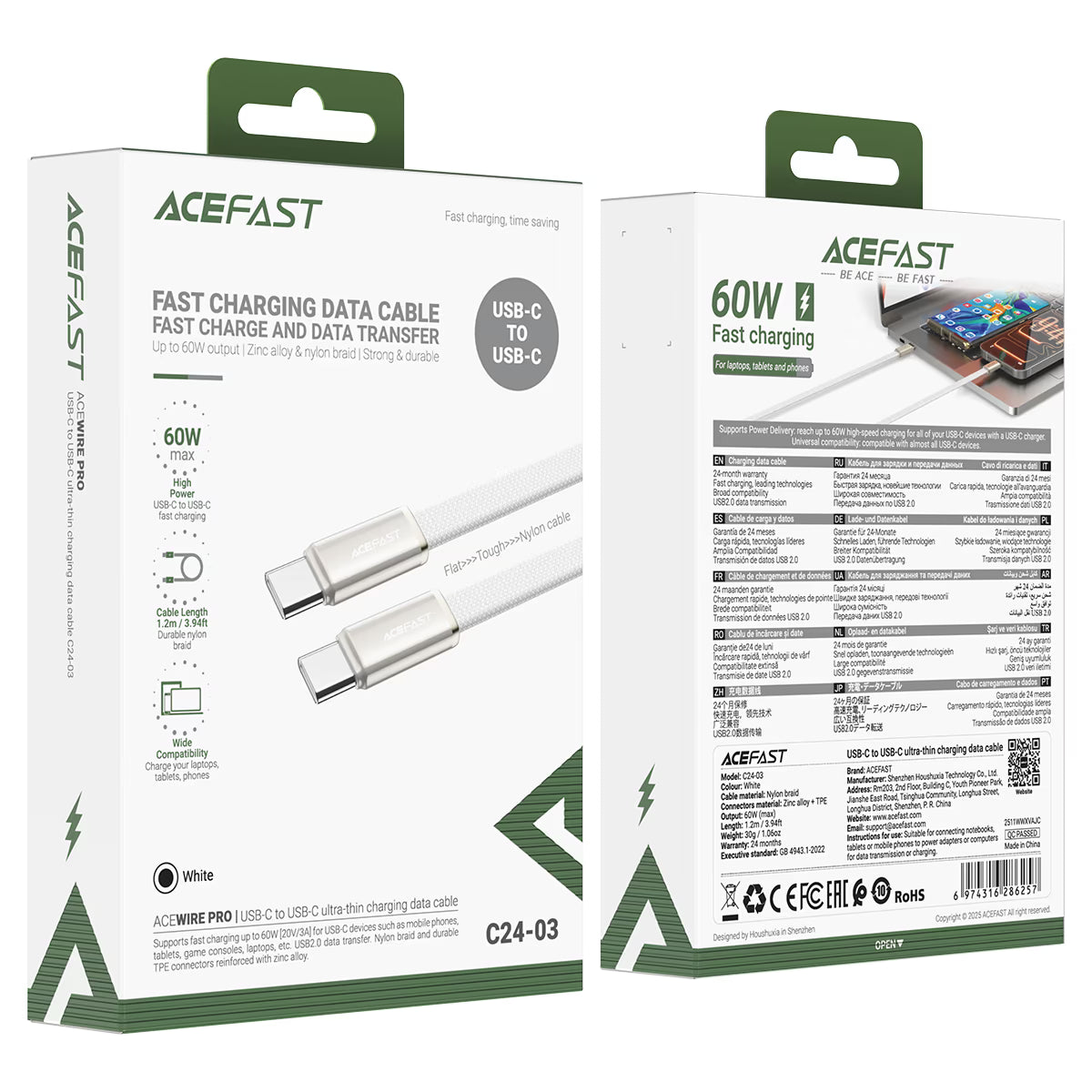 AceFast Ultra-Thin 60W Series Type-C To Type-C Cable white